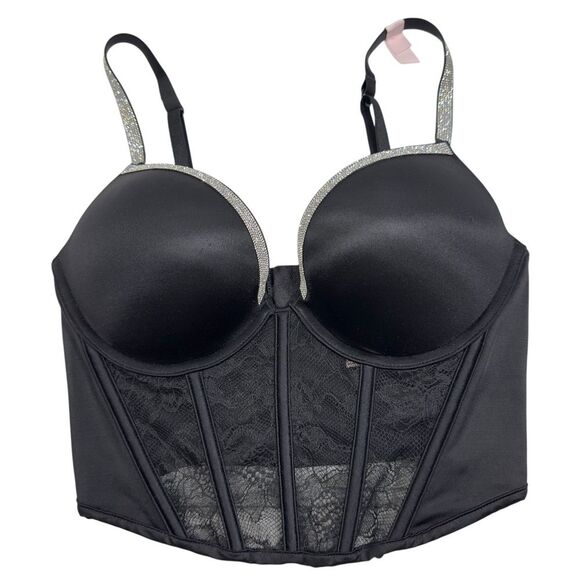 NWT VS BLING BOMBSHELL ADDS 2 CUP SIZES PLUNGE‎ LACE LONGLINE CORSET TOP BRA 32C - Picture 1 of 5